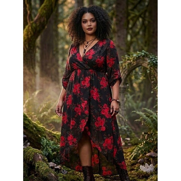 torrid Dresses & Skirts - Torrid Faux-Wrap Hi-Low Chiffon Dress Womens 4X Black‎ Red Floral Dark Romantic
